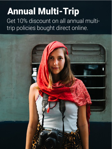 Save 10% on annual multi trip travel insurance